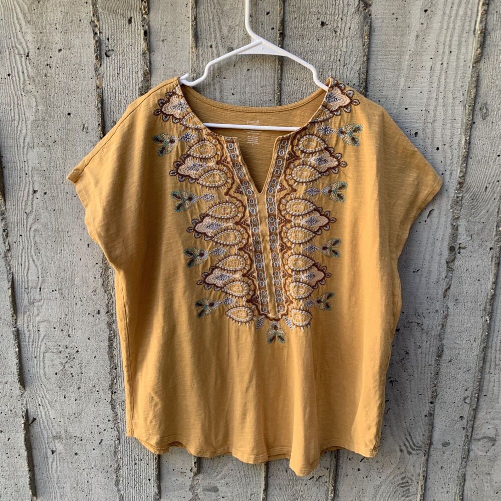 J. Jill Pure Jill Women's Embroidered Cap Sleeve Blouse Cotton Bohemian Artsy XL